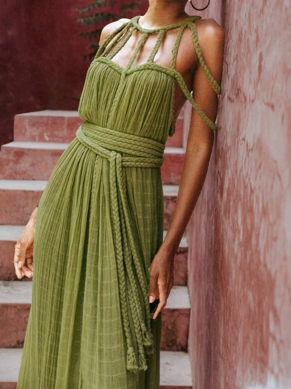 Green Casual Women's Hollow Backless Braided Boho Maxi Dress - Picture 1 of 4
